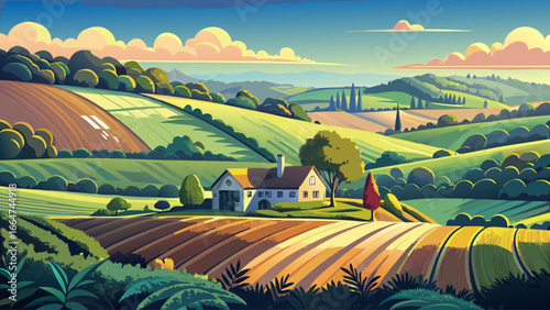 Hampshire’s South Downs reveal tree-lined fields, farmhouse prominent among rolling hills of farmland, sunlight drapes softly, timeless beauty radiates across countryside, harmony of tradition and nat