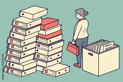 Overwhelmed office worker standing beside tall stacks of paperwork folders