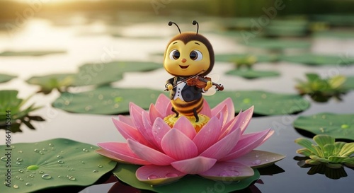 Cartoon Bee Playing Violin on Lotus Flower at Sunset in Whimsical Pond Scene
