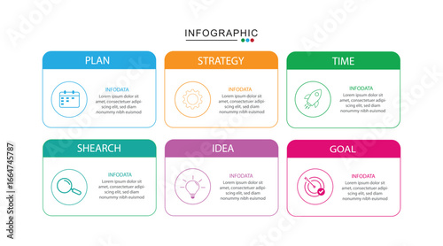 6 stage infographic diagram with round rectangle box with dot line center spreading with 6 step for slide presentation vector
