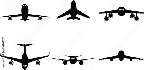 Black airplane front view silhouettes, commercial and military aircraft vector set, aviation design elements, isolated aircraft icons, aerodynamics comparison