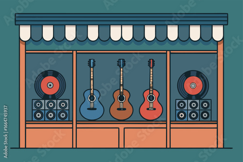 A lively music shop displaying guitars and vinyl.
