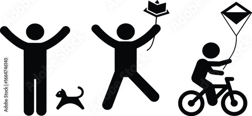 Stick figure family enjoying outdoor activities together