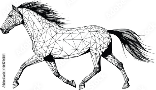 Geometric line art horse illustration in motion