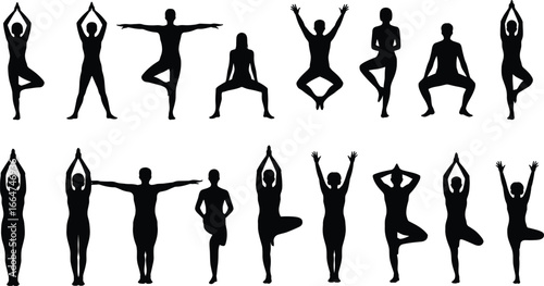 Silhouettes of sixteen people performing various yoga poses, standing, seated, stretching, tree pose, fitness exercise, wellness, meditation, black vector illustration