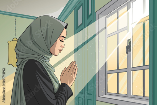 Muslim girl in hijab praying by sunlit window.
