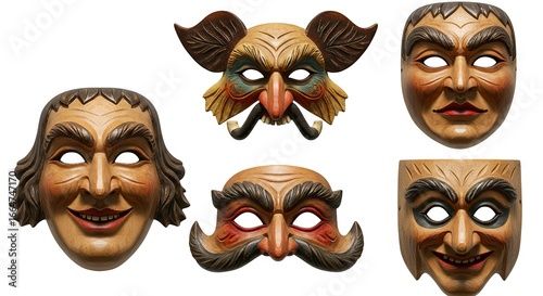 Six wooden masks with varying facial expressions including smiles and stern looks are displayed against a white background
