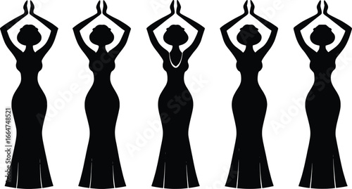 Elegant black silhouette of women in long dresses with arms raised