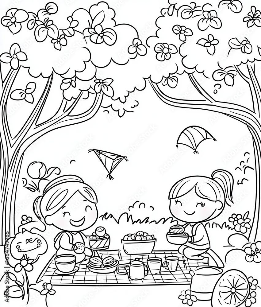 Obraz premium Joyful spring garden picnic coloring book illustration, featuring children and animals sitting on a picnic blanket, flying kites, and eating sandwiches under blooming cherry blossom trees, 