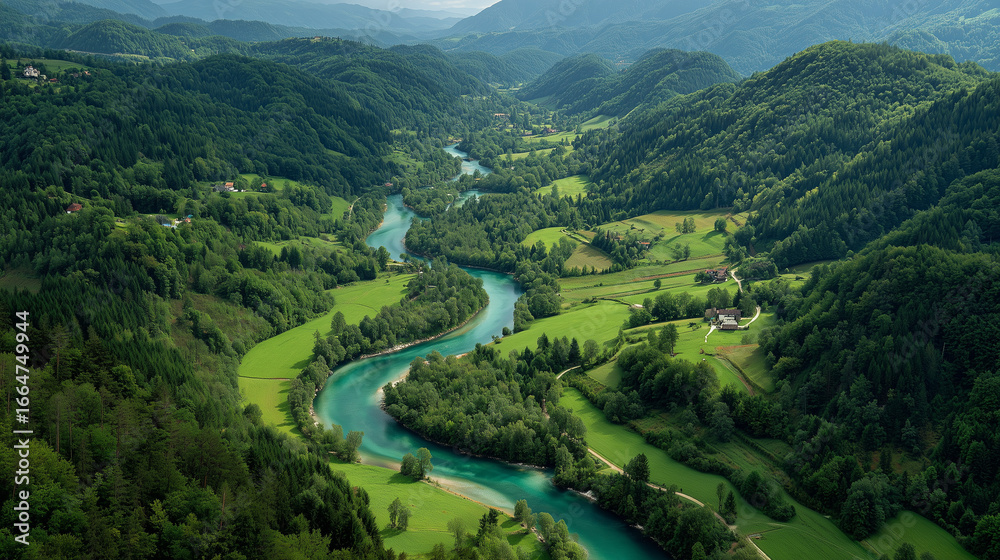 Fototapeta premium River winding through green valleys in Slovenia