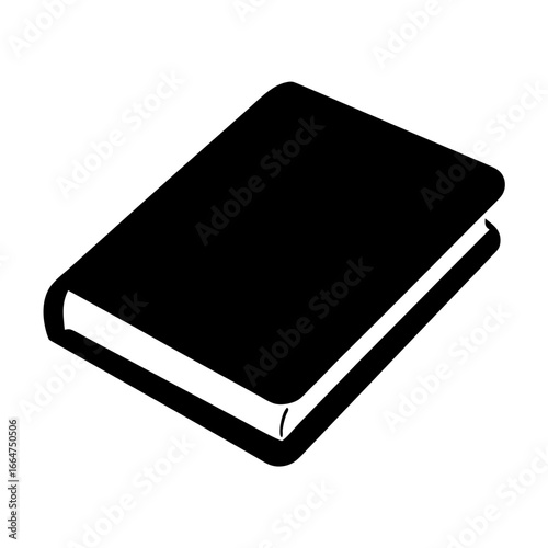 A closed, black, hardcover book is placed diagonally on a white surface