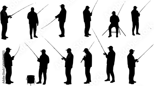 Set of fisherman silhouette.