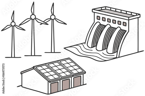 Illustration of renewable energy sources including wind turbines, hydroelectric dam, and solar panels