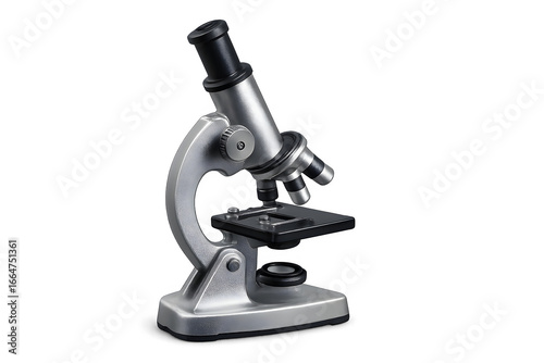 microscope in metallic silver with black lens, isolated on transparent background, photorealistic PNG style
