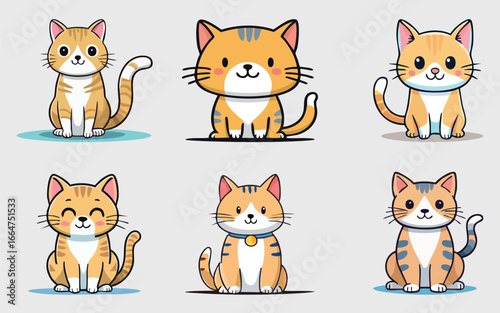 a set of vector design illustrations with cute cartoon cats in orange and white colors