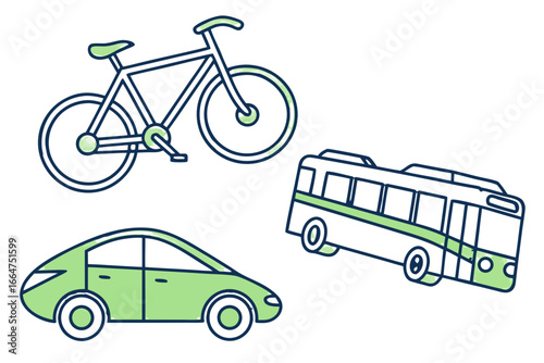Illustration of a bicycle, car, and bus, representing different modes of transportation