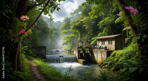 Lush Rainforest Landscape with Hydroelectric Dam and Vibrant Orchids