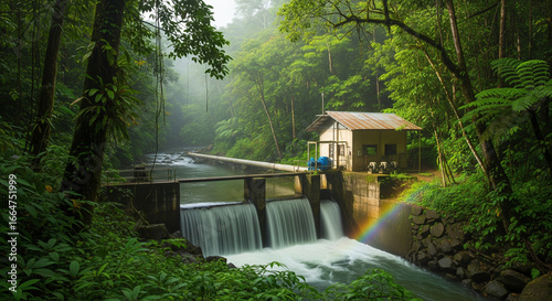 Hydroelectric Power Station with Waterfall and Rainbow in Lush Jungle