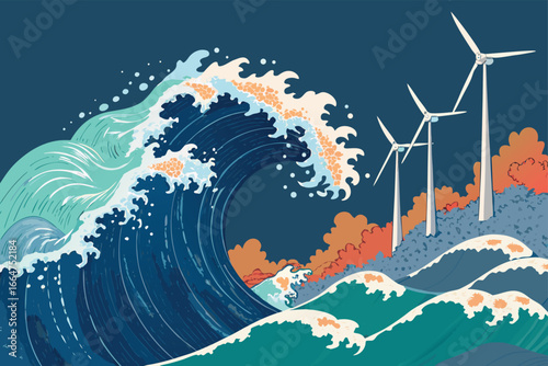 Ocean waves powering tidal energy turbines.