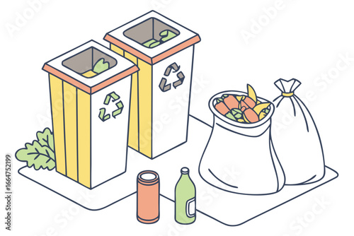 Illustration of recycling bins with different types of waste, emphasizing the importance of waste separation and recycling