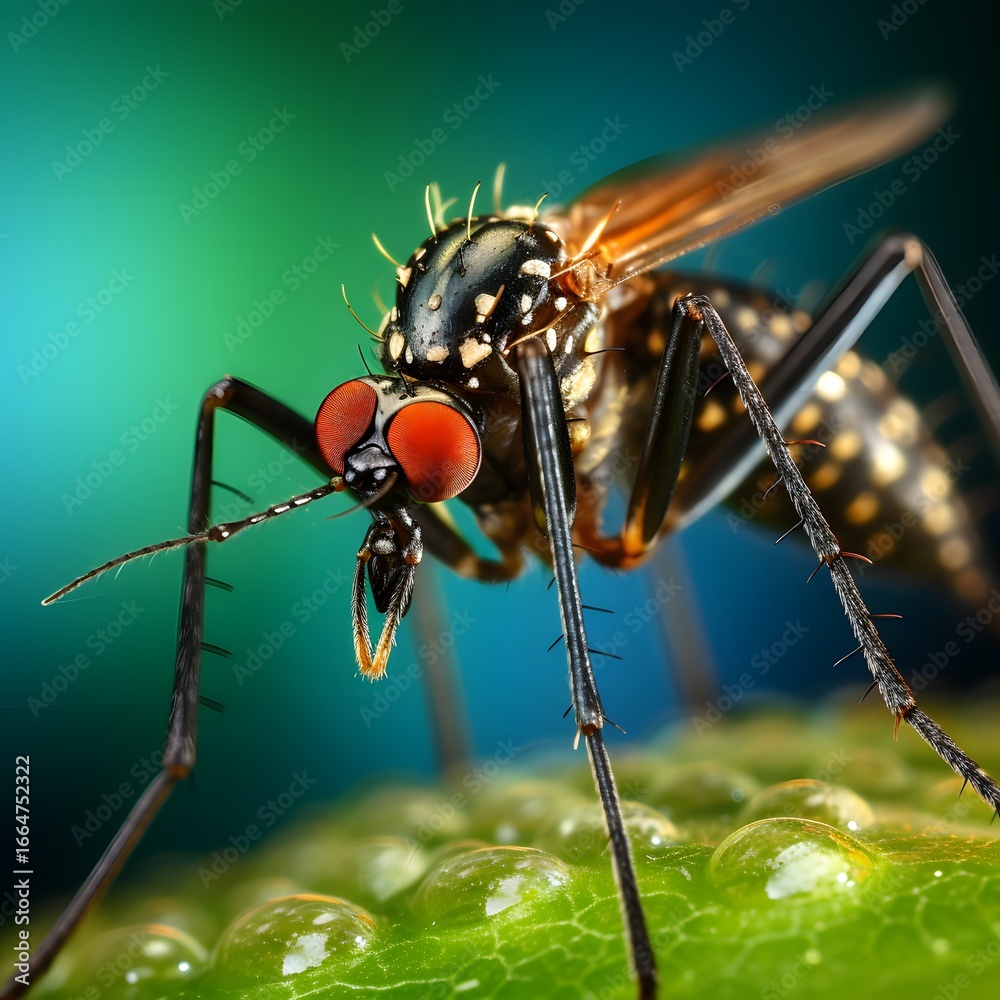 Fototapeta premium Close-up of mosquito on green background, representing detail of insect anatomy, ecology, biodiversity, environmental awareness, vector science and microscopic observation of wildlife creatures