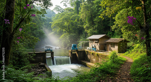 Hydroelectric Dam Amidst Lush Tropical Forest with Misty River and Orchids