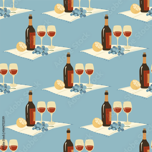 Thanksgiving table with various foods seamless Pattern. The table is filled with pies, apples, corn, and other fall foods. There is a pumpkin, a turkey and wine on the table vector illustration