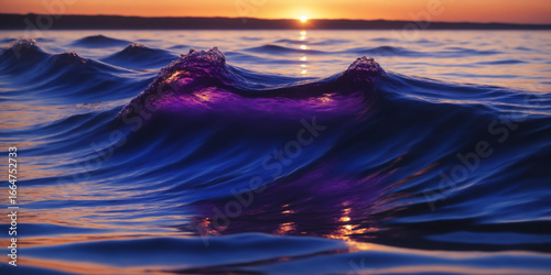Serene Sunset Glow Reflecting on Ocean With Vibrant Purple Waves