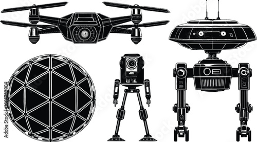 Collection of sci fi robots and drone in black and white illustration