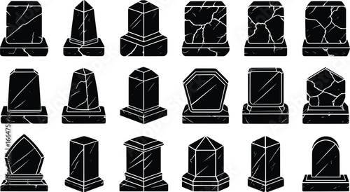 Collection of silhouetted gothic tombstones and gravestones with cracks