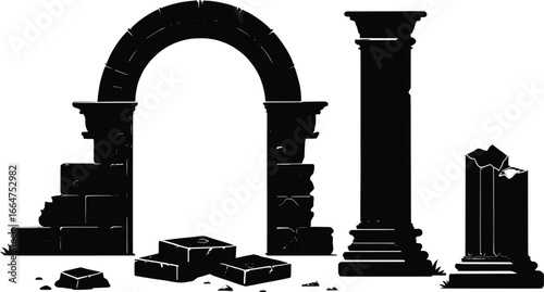Ancient roman ruins silhouette with arch and column