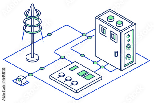 Vector art of isometric illustration of a power plant with control panel, switches, and transmission tower