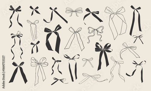 Set of hand drawn bows and ribbons. Minimalist vintage vector illustration for holiday poster, greeting cards, wedding invitations, branding