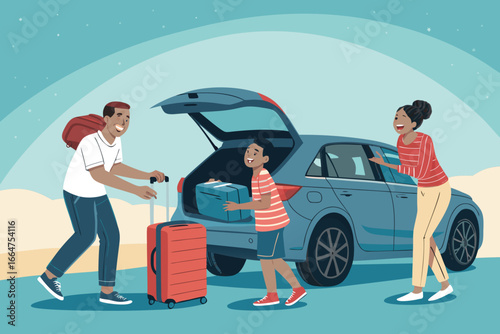 Parents and teens share joyful laughter while packing for a trip.