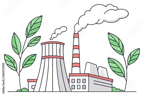 Illustration of factory emitting smoke with leaves, representing industrial pollution and its impact on the environment