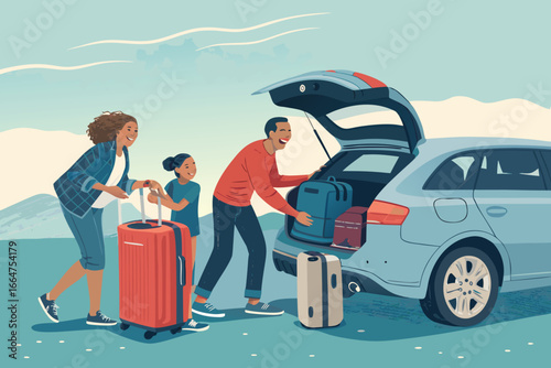 Parents and teens laugh while packing for a trip.