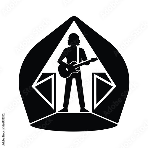 Vector art of silhouette of a musician playing guitar a stage with spotlights