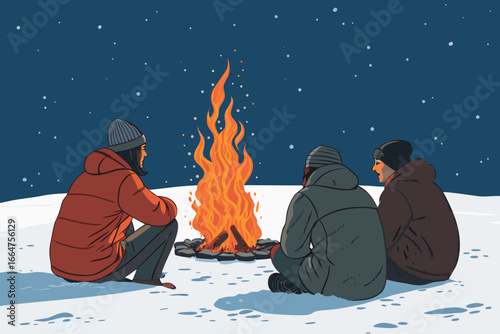 People gather around a bonfire on a snowy night.
