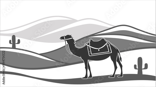 Silhouette of Camel in Desert with Cactus Illustration