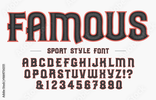 Classic college font. Vintage sport serif font in american style for football, soccer, baseball and basketball. Alphabet and numbers with outline in varsity style
