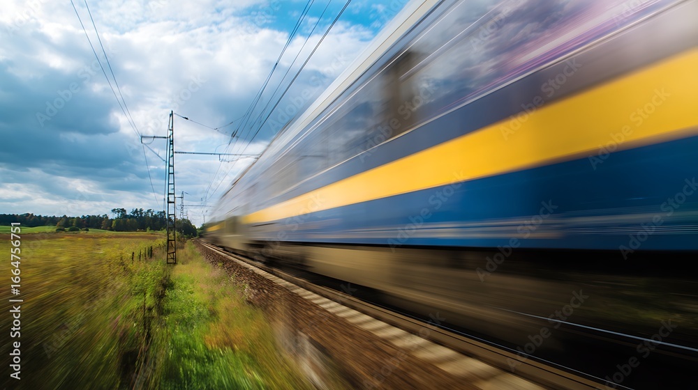 Obraz premium A high-speed train streaks across the countryside a blur of blue and yellow showcasing modern transportation and dynamic movement