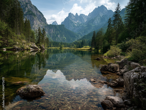 Calm mountain lake in Austria with reflection of peaks