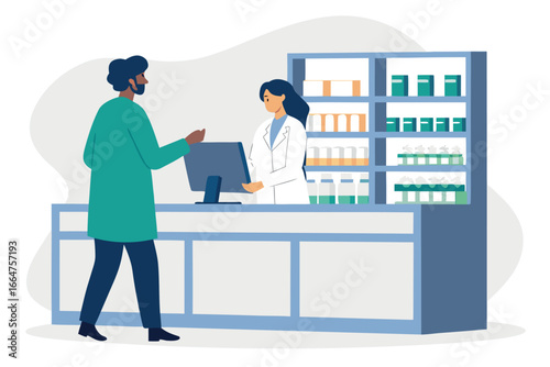 Pharmacy with medicine shelves and a pharmacist.
