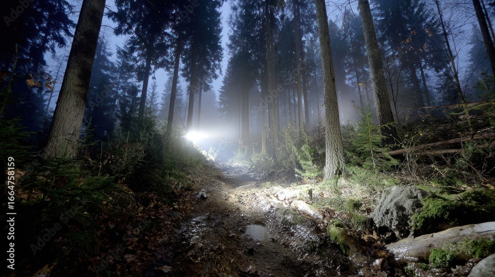 Obraz premium Forest path illuminated by bright light through fog, tall trees surround it