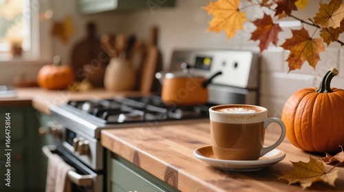 Cozy kitchen with autumn leaves and pumpkin spice latte on counter  