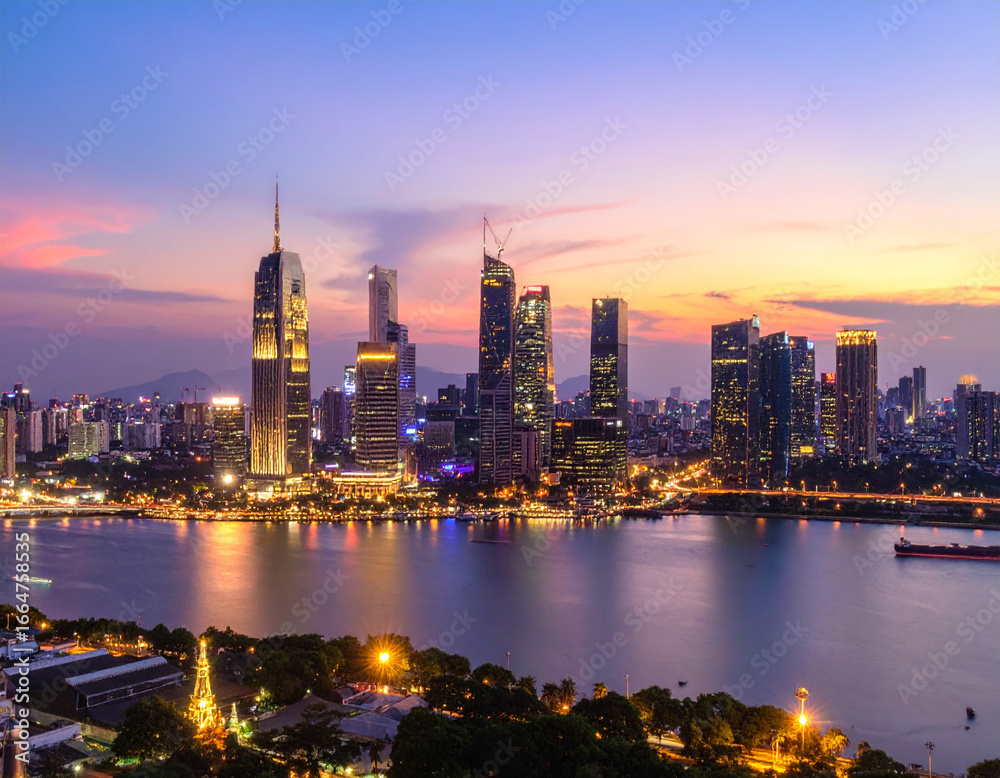Fototapeta premium Scenic Evening View of Modern Guangzhou Cityscape Over Pearl River