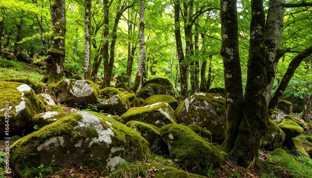 Naklejka premium Lush forest floor with mossy rocks