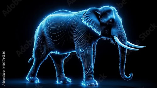 Futuristic glowing elephant illustration with neon blue outlines against a dark background