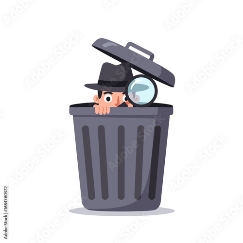 A detective hiding in a trash can and observing a suspect, suitable for humorous crime narratives, children's book illustrations and creative educational content