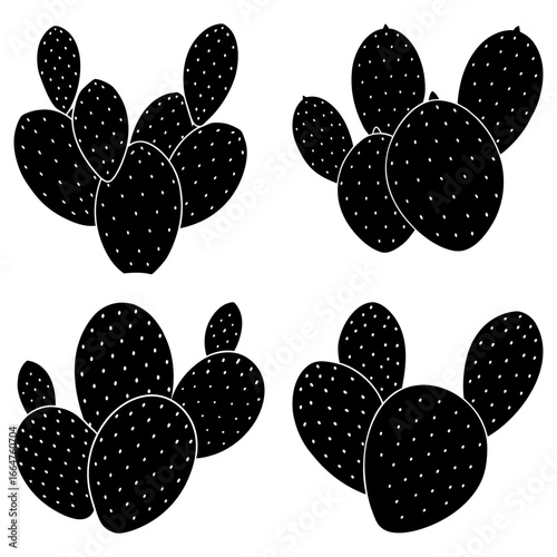 Four groups of black prickly pear cactus pads with white dots on a white background in a simple style